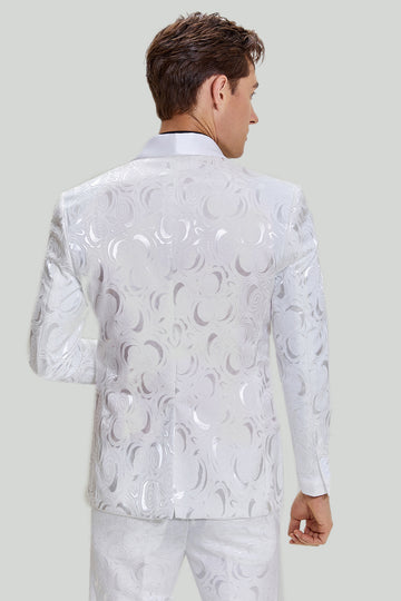 Vit Jacquard Satin 2-Delat Sjal Lapel Kostym Herr